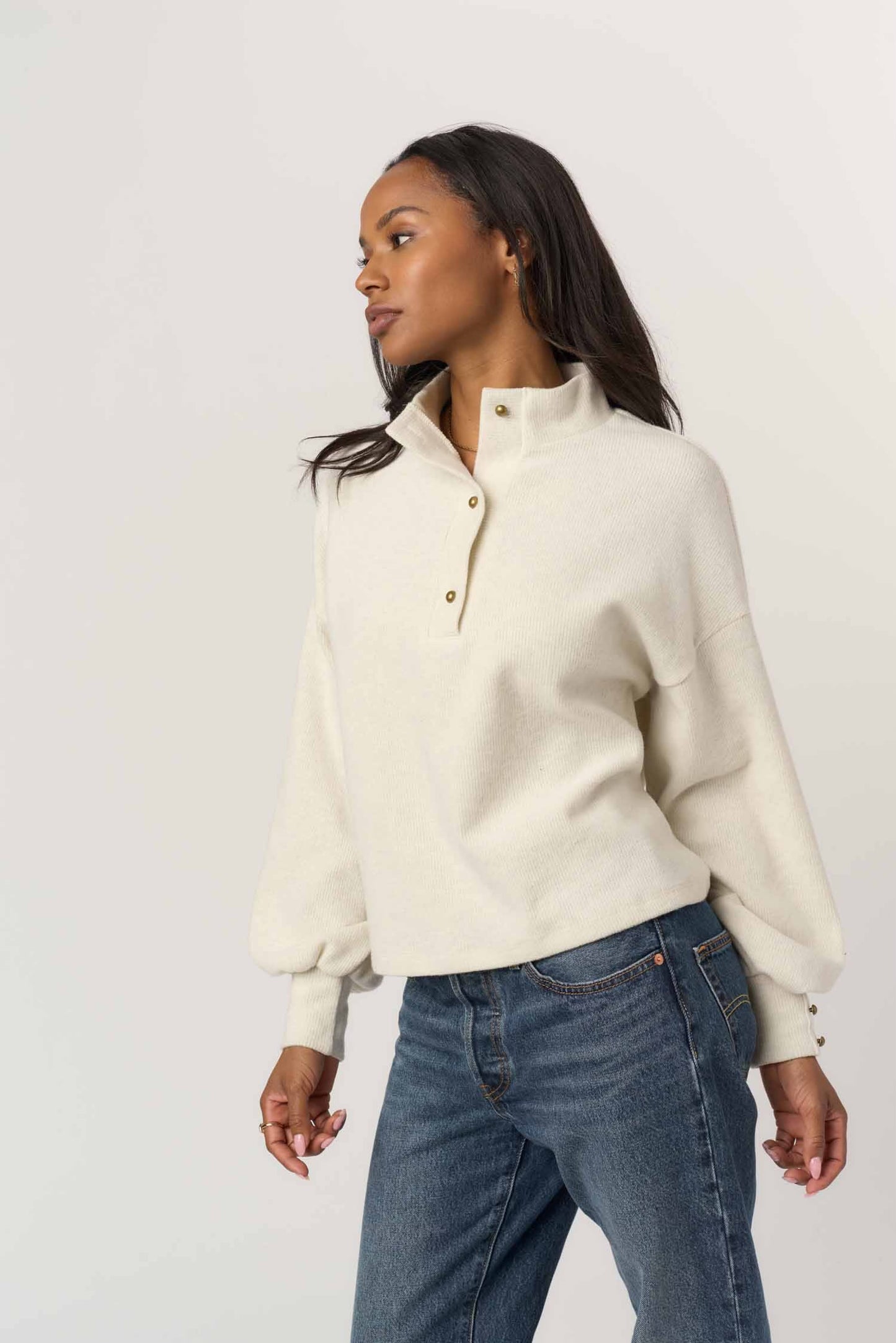 Damas Multi Button Cozy Mock Neck Pullover