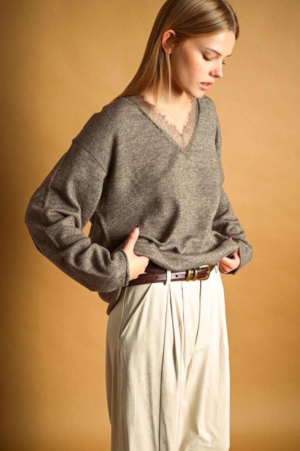 Long Sleeve Lace Contrast Top