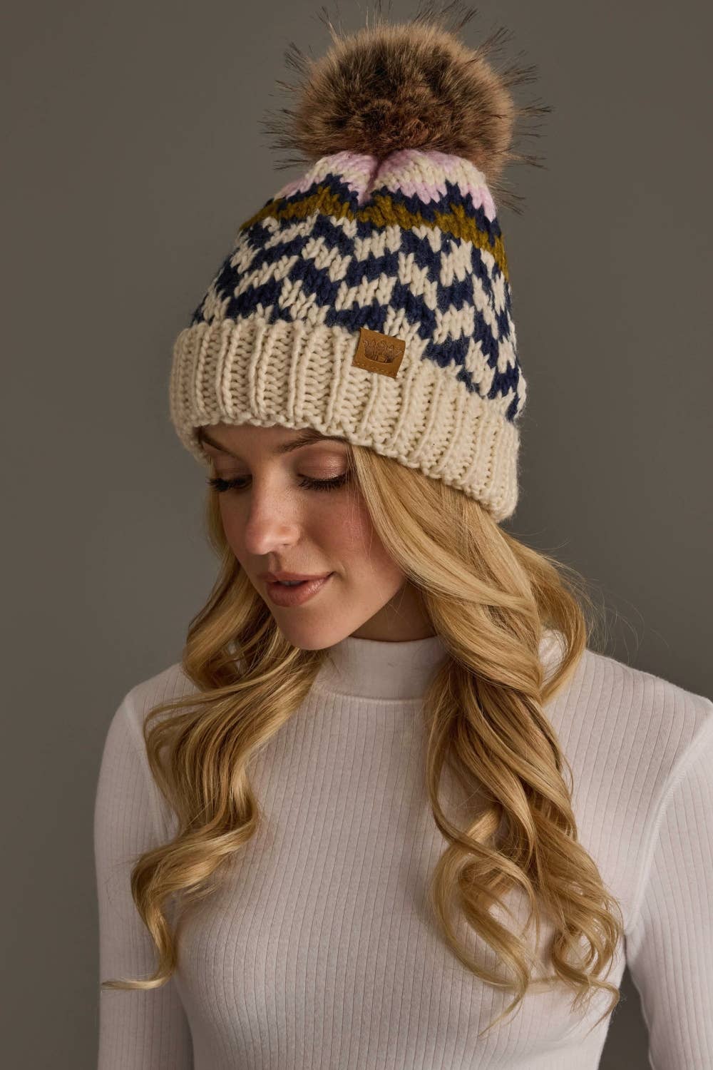Beige, Navy & Lt. Pink Patterned Pom Hat