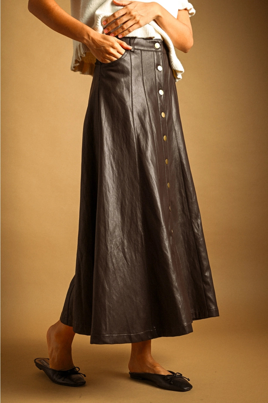 Button Front Faux Leather Skirt