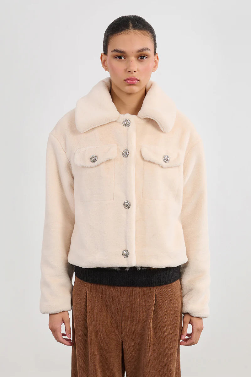 Faux Fur Crystal Button Jacket