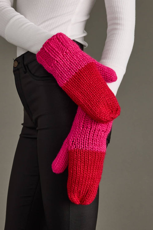 Red & Pink Color Block Knit Mittens