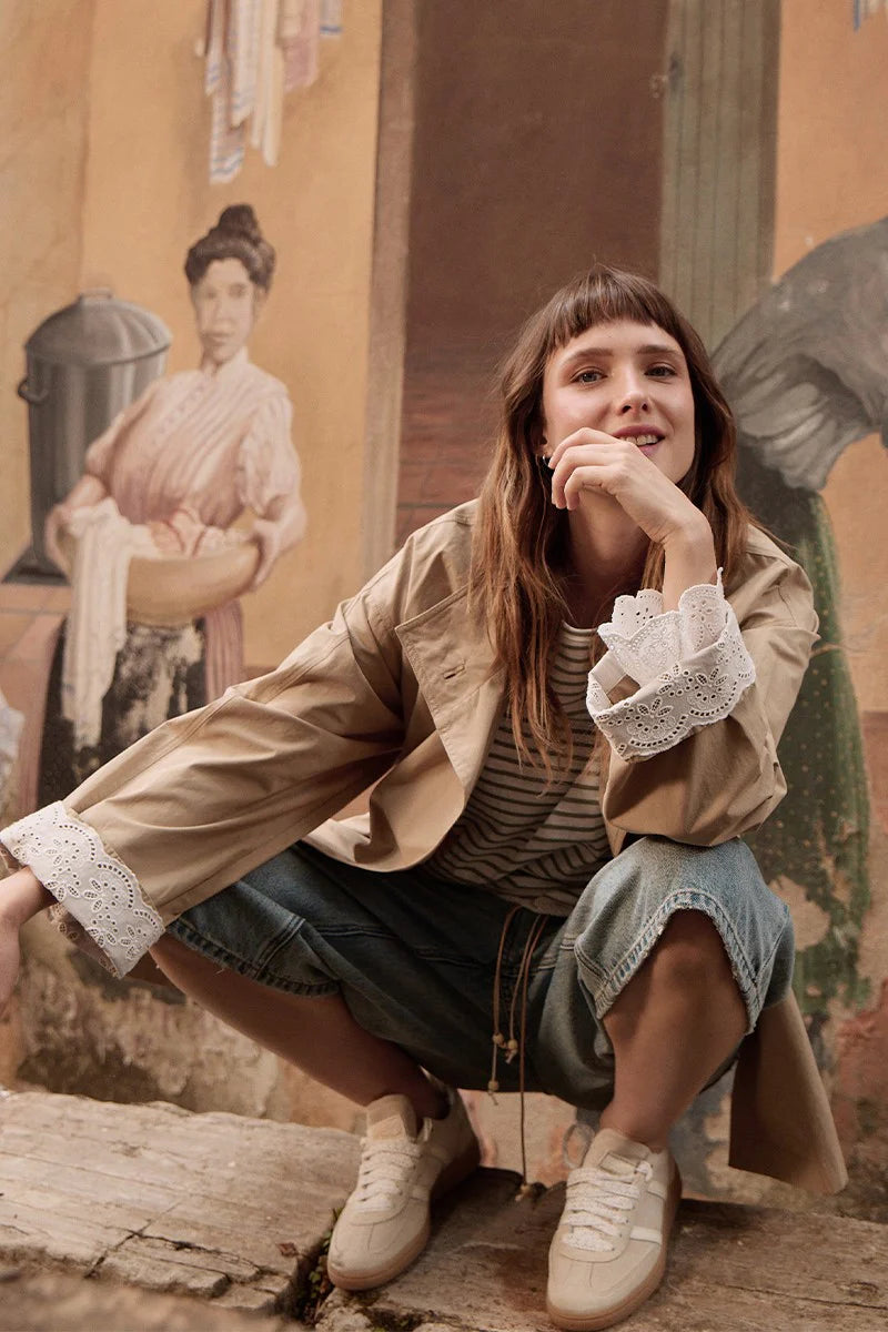 Embroidered Cuff Short Trench Coat