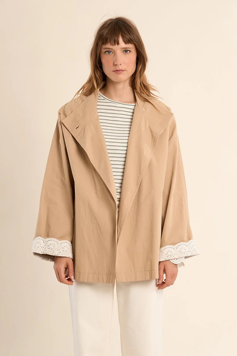 Embroidered Cuff Short Trench Coat