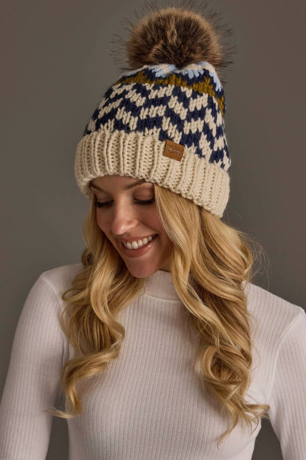 Beige, Navy & Lt. Blue Patterned Pom Hat