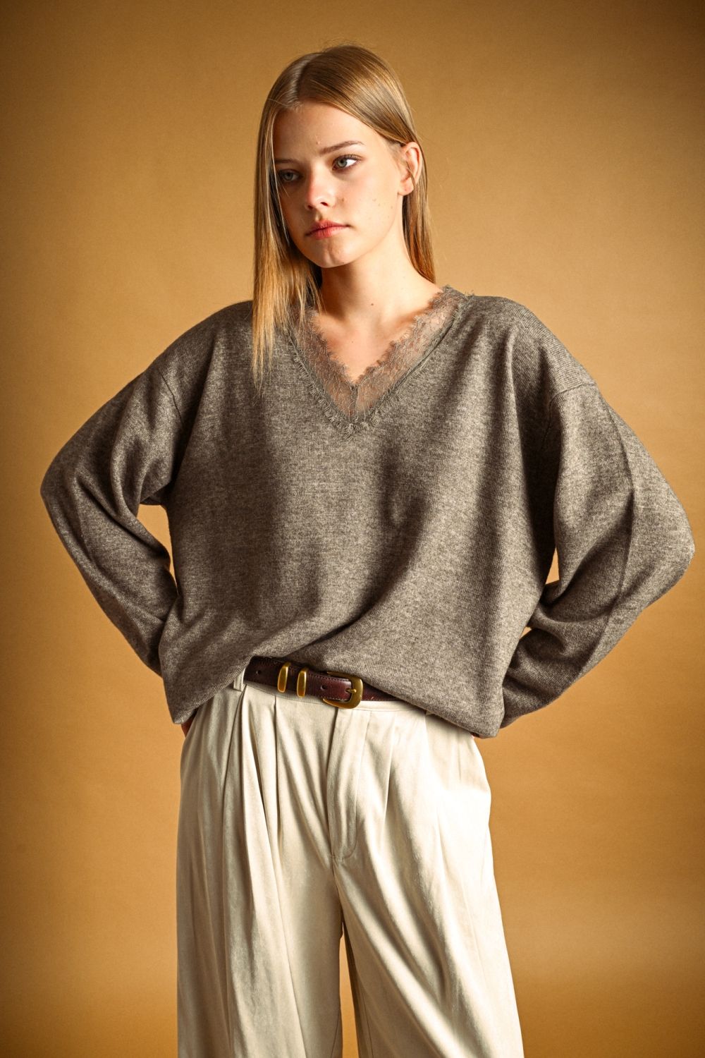 Long Sleeve Lace Contrast Top
