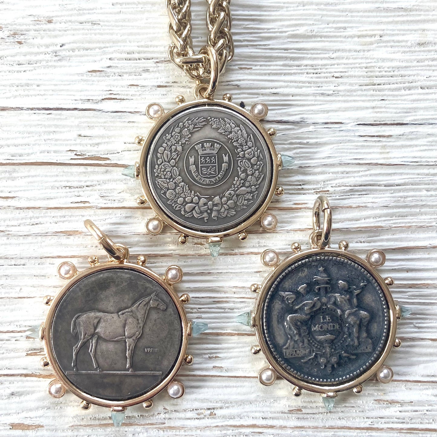 HORSE COIN NECKLACE W/PEARL & AQUA STONES