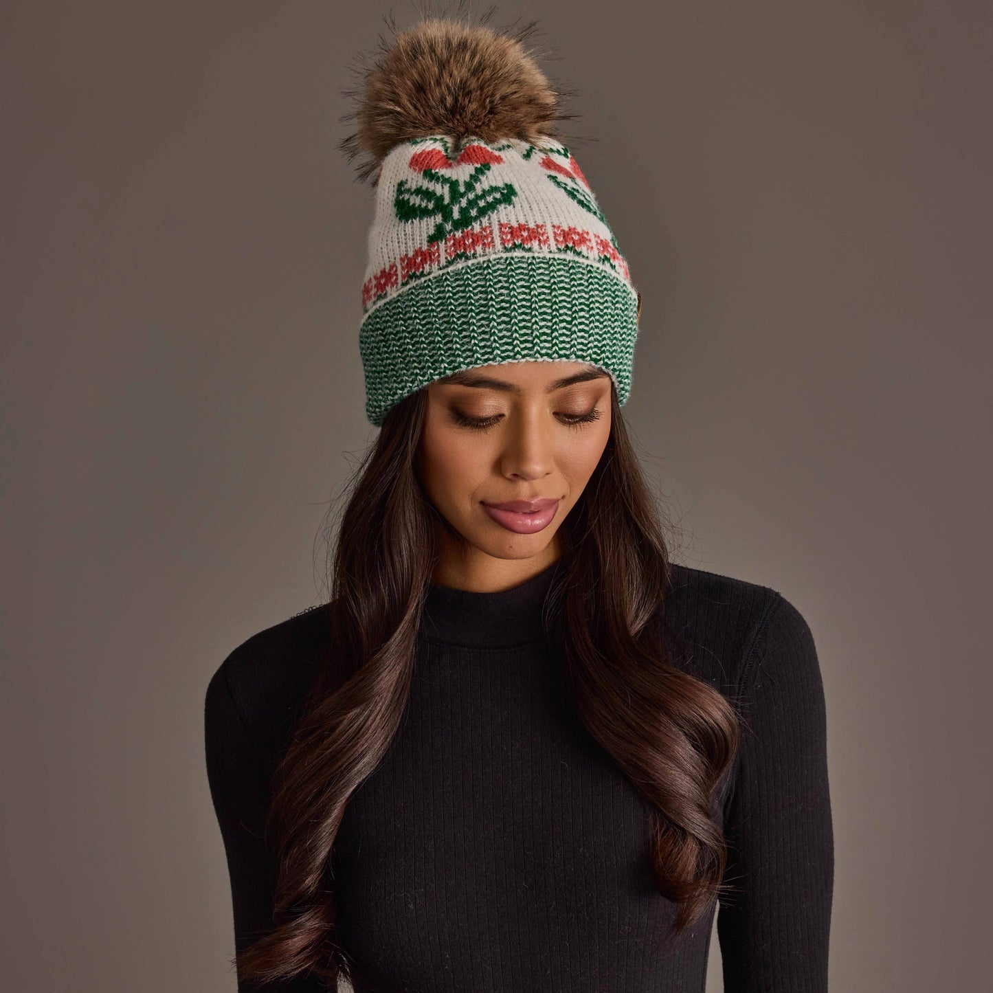 Off White Cherry Pattern Pom Hat