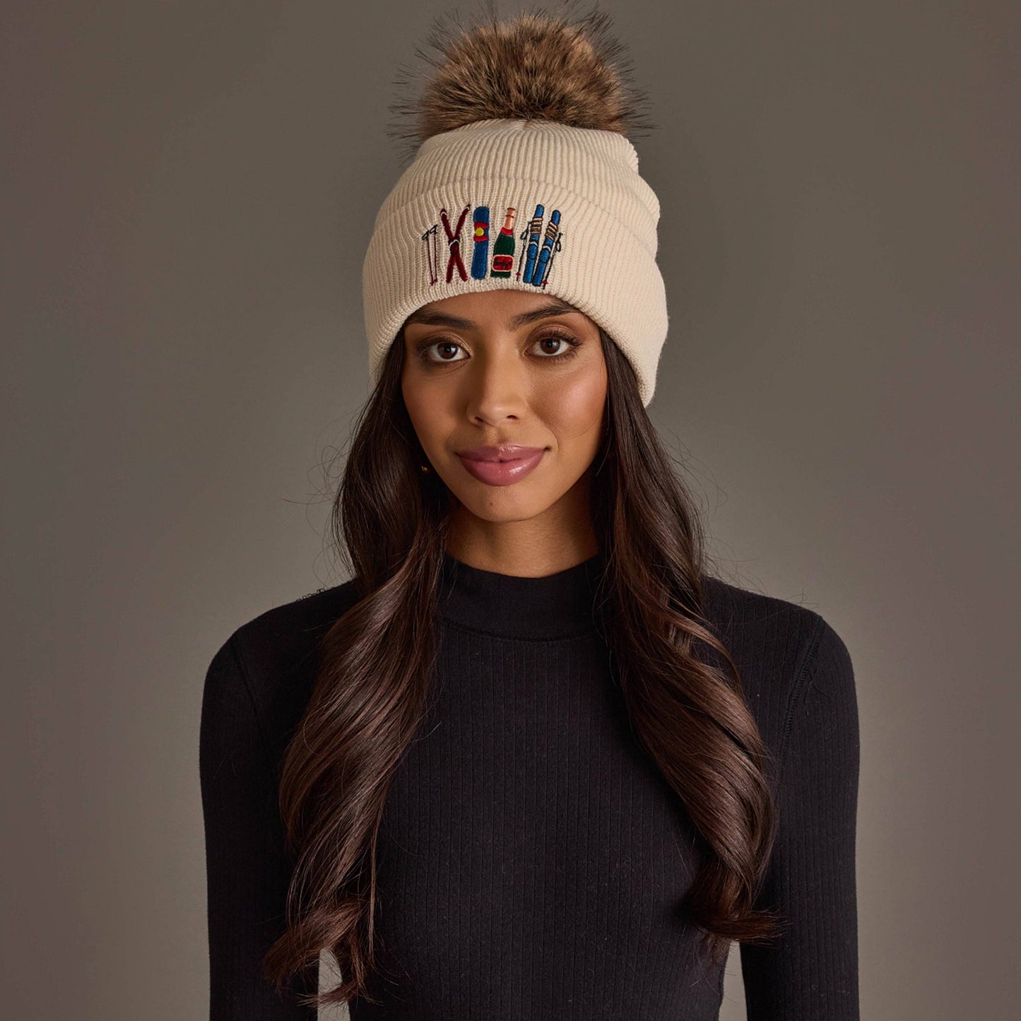 Beige Ski Embroidered Pom Hat