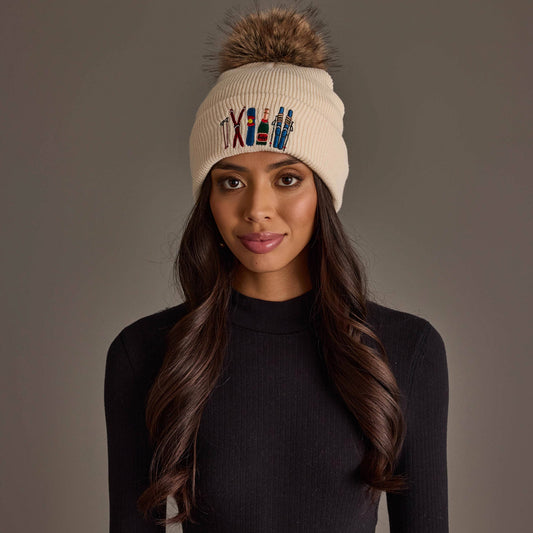 Beige Ski Embroidered Pom Hat