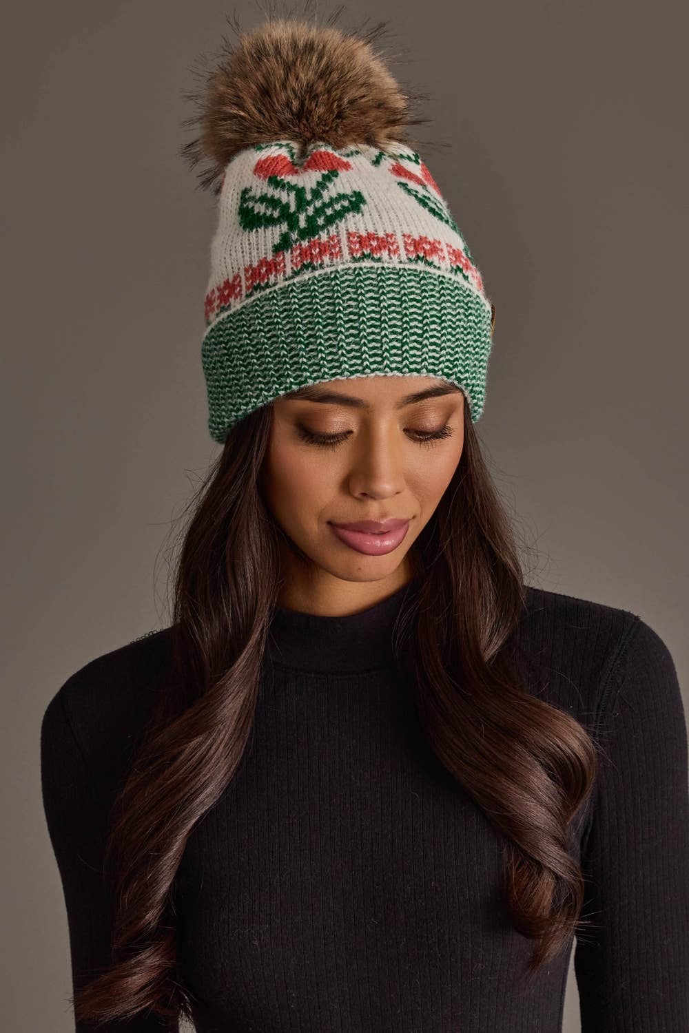 Off White Cherry Pattern Pom Hat