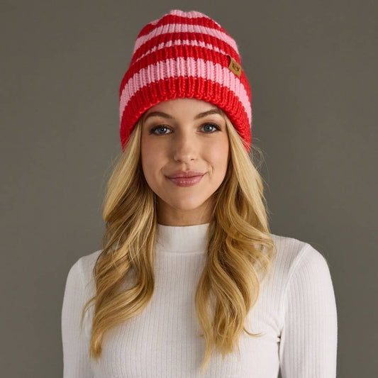 Red & Blush Striped Knit Beanie