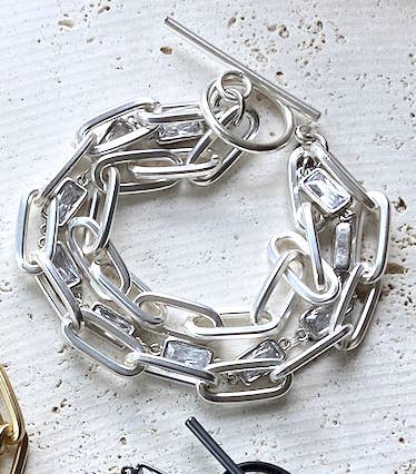 Matte Metal & Crystal Three Strand Bracelet - Silver