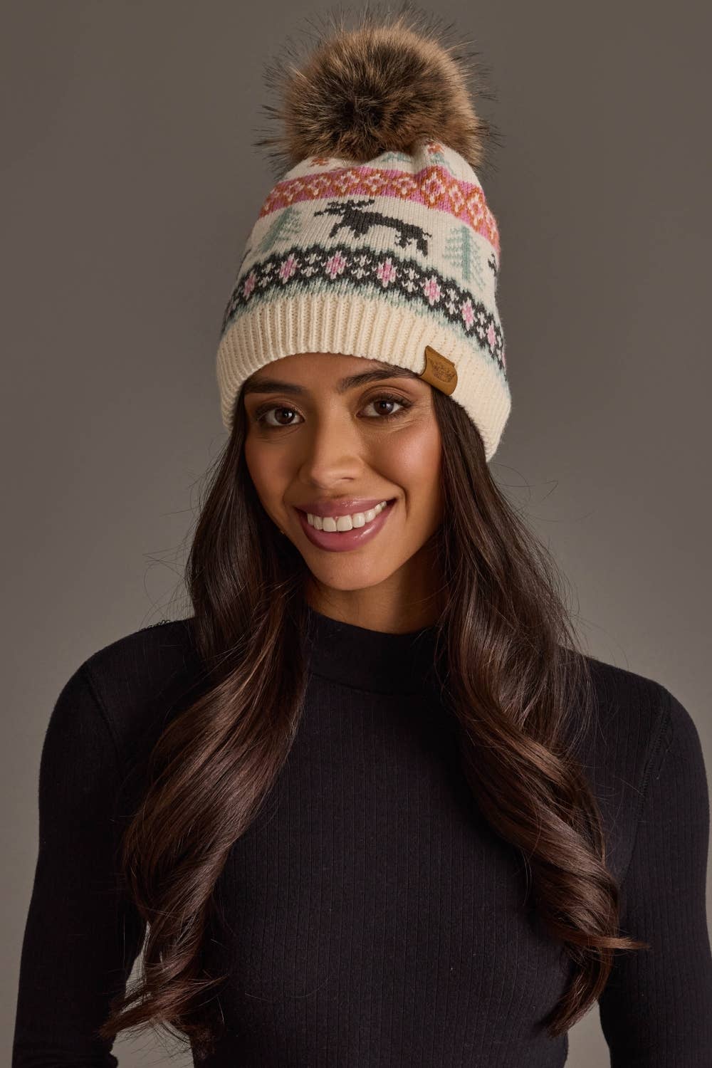 Ivory Deer Winter Pattern Pom Hat