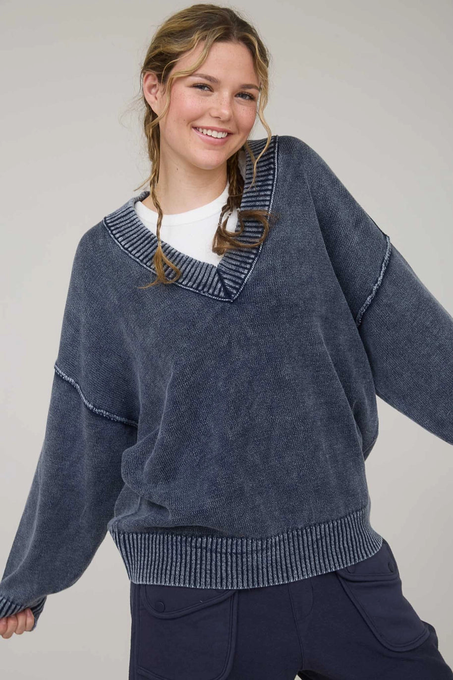 Washed V-Neck Oversized Sweater