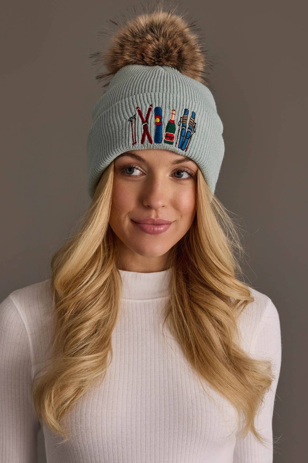 Lt. Blue Ski Embroidered Pom Hat
