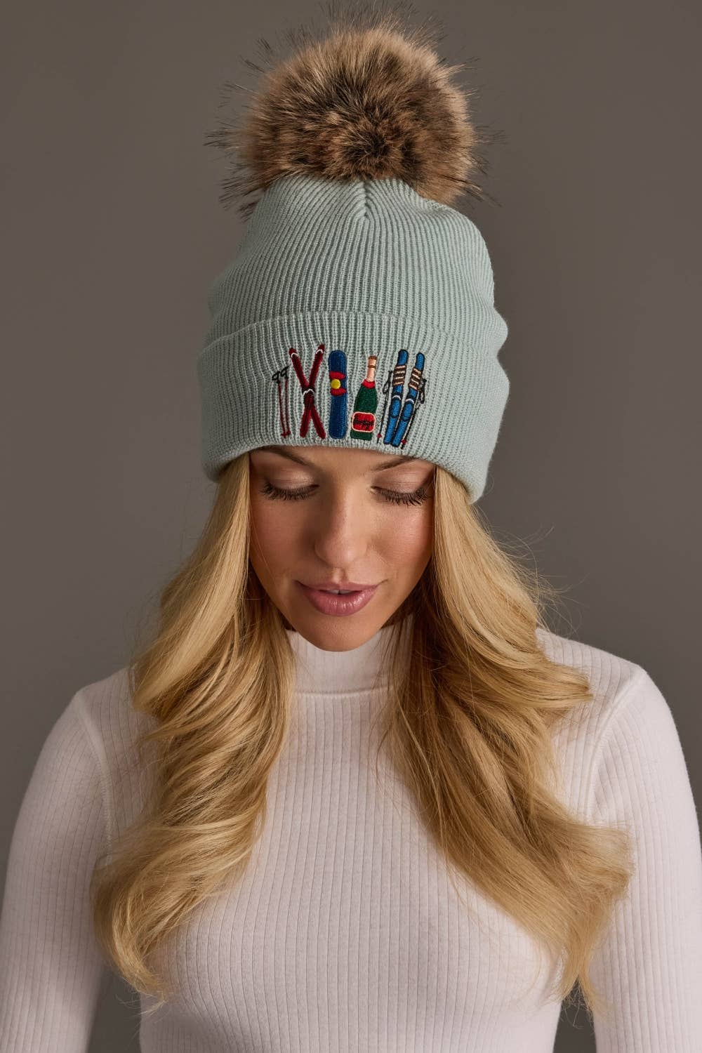 Lt. Blue Ski Embroidered Pom Hat
