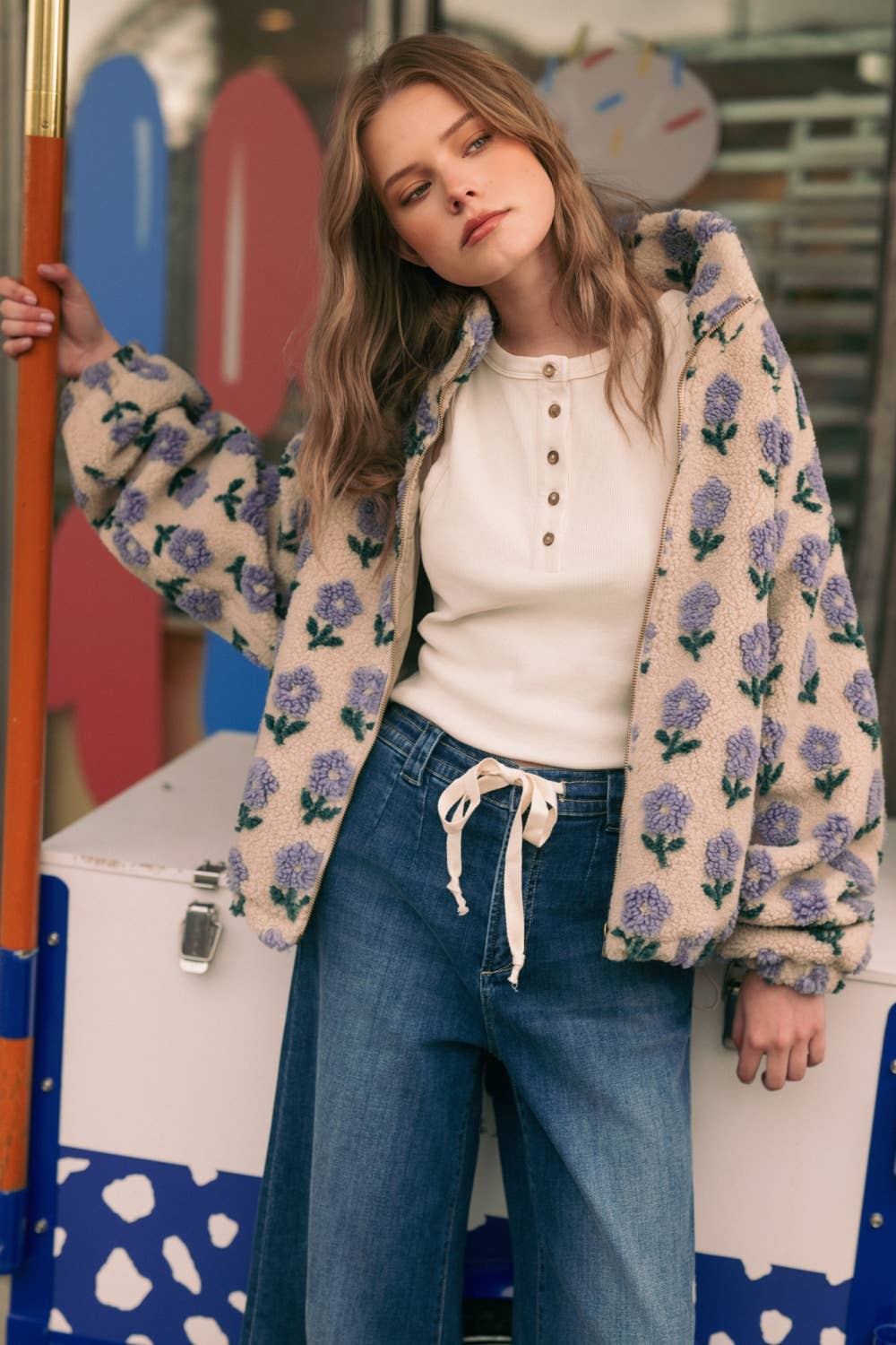 Flower Print Sherpa Jacket