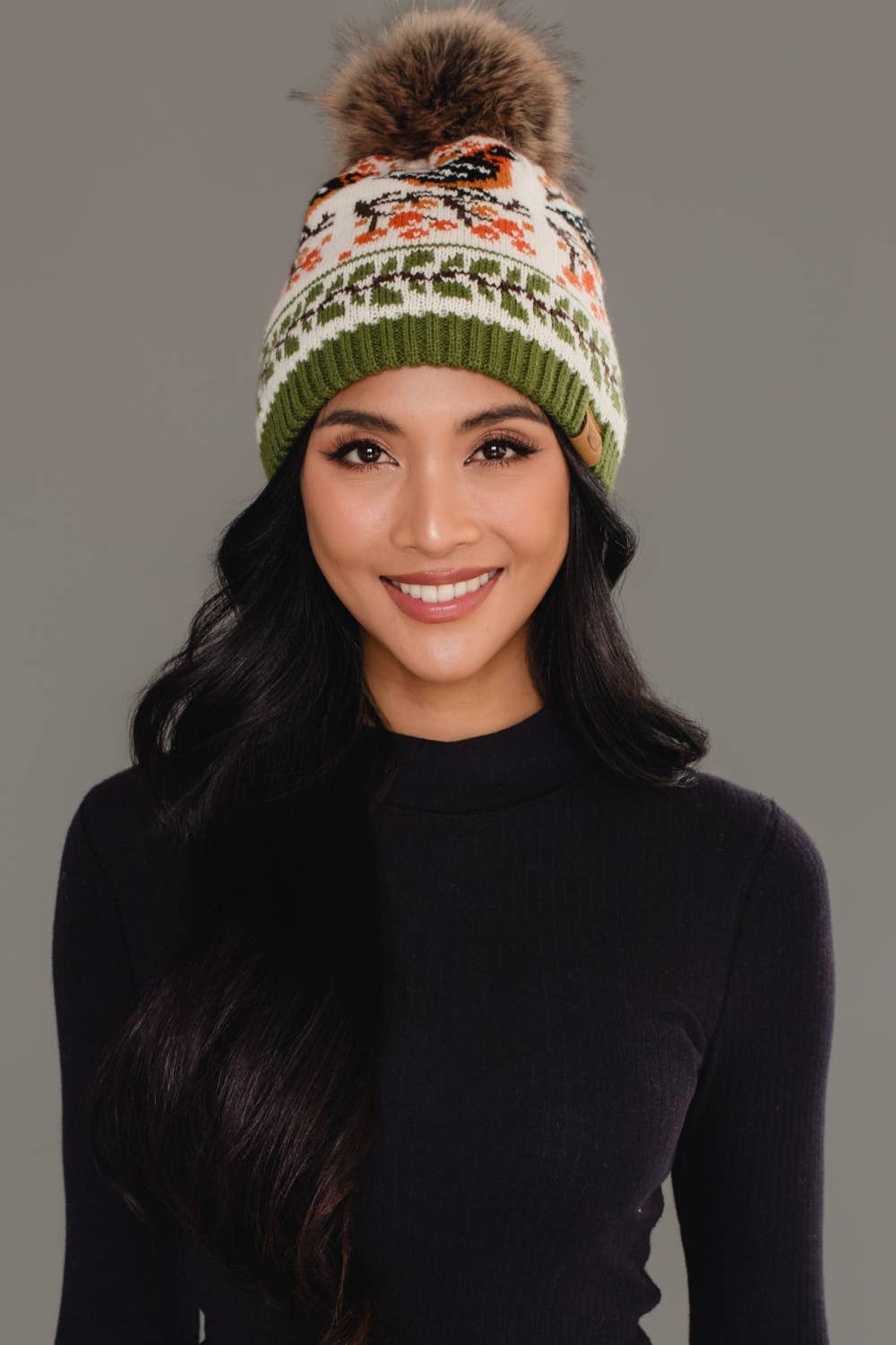 Olive & Cream Bird Pattern Knit Pom Hat