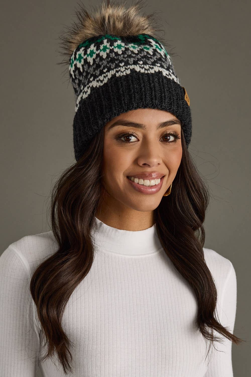 Gray, White & Green Winter Pattern Pom Hat