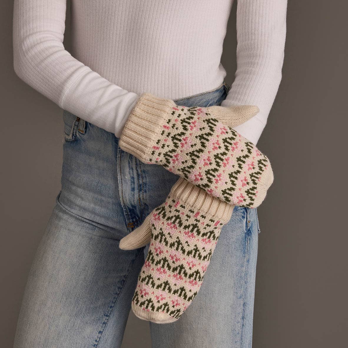 Cream & Pink Floral Pattern Mittens