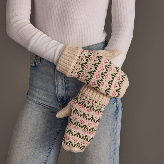 Cream & Pink Floral Pattern Mittens