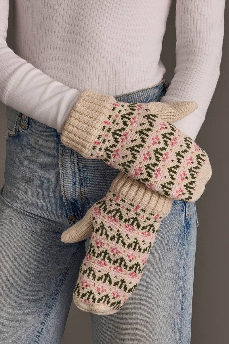 Cream & Pink Floral Pattern Mittens