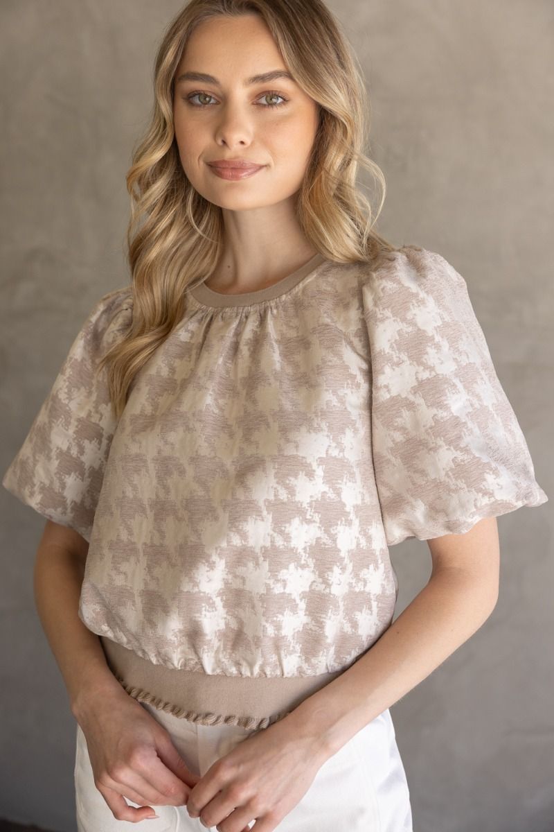 HOUNDSTOOTH VELVET CONTRAST BAND TOP