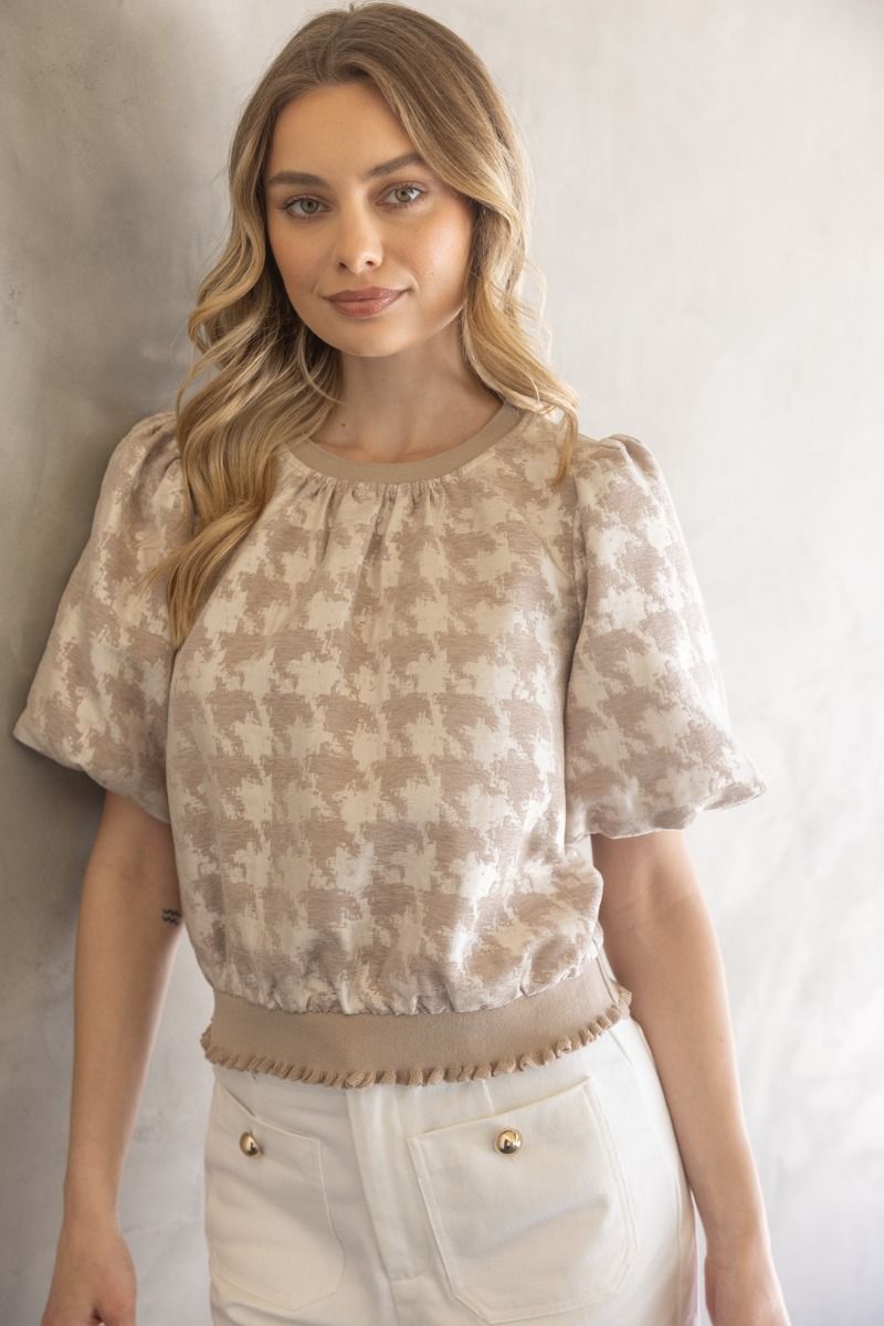 HOUNDSTOOTH VELVET CONTRAST BAND TOP