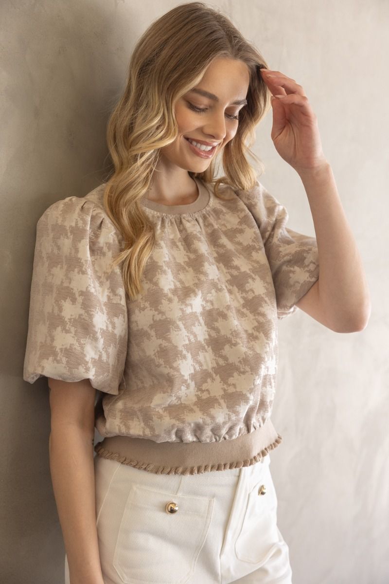 HOUNDSTOOTH VELVET CONTRAST BAND TOP