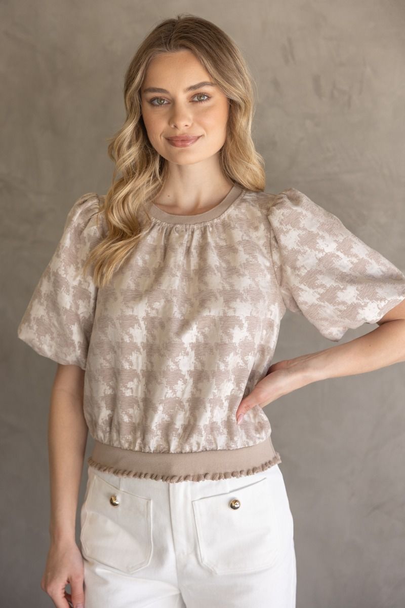 HOUNDSTOOTH VELVET CONTRAST BAND TOP