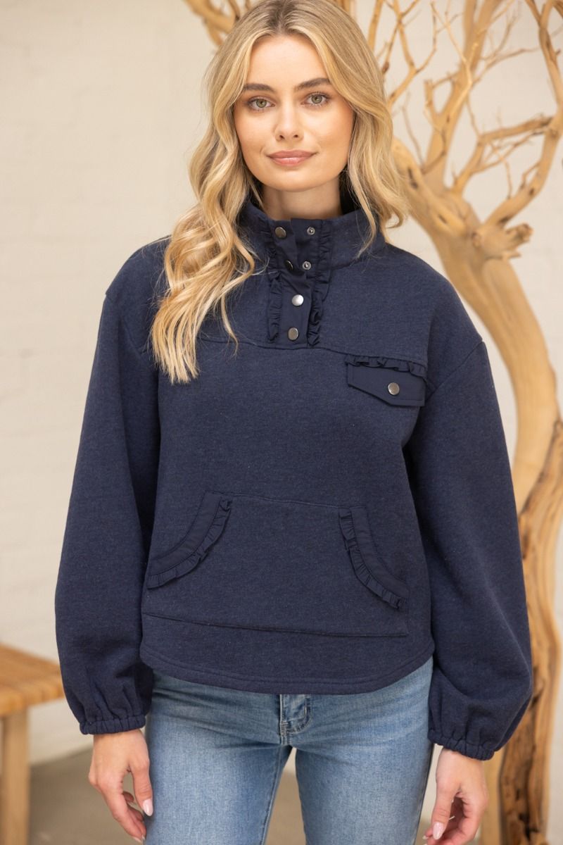 RUFFLE TRIM QUARTER SNAP BUTTON SWEATSHIRT