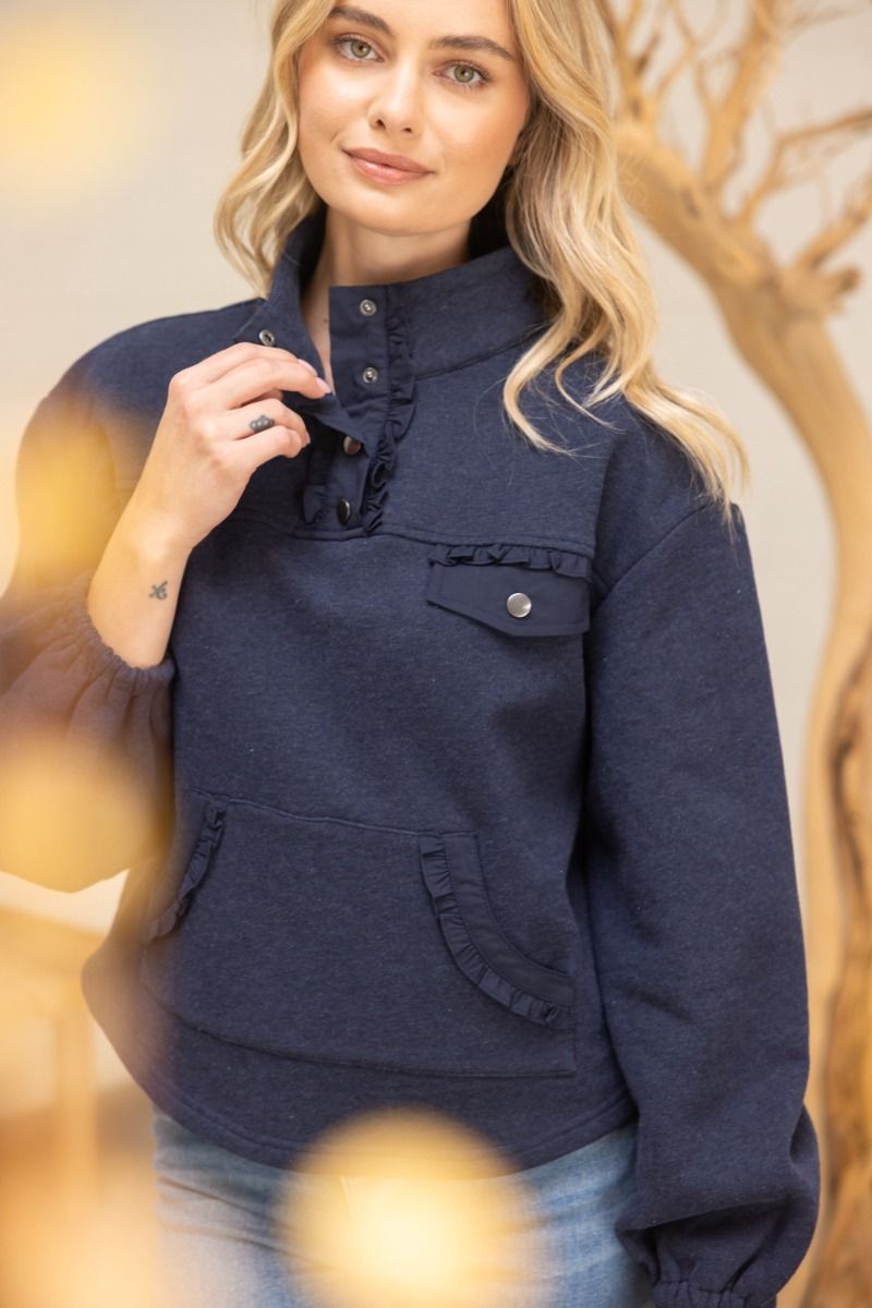 RUFFLE TRIM QUARTER SNAP BUTTON SWEATSHIRT
