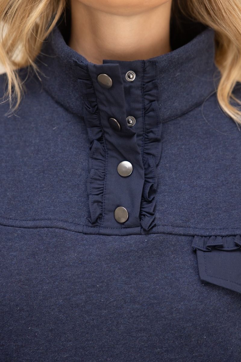 RUFFLE TRIM QUARTER SNAP BUTTON SWEATSHIRT