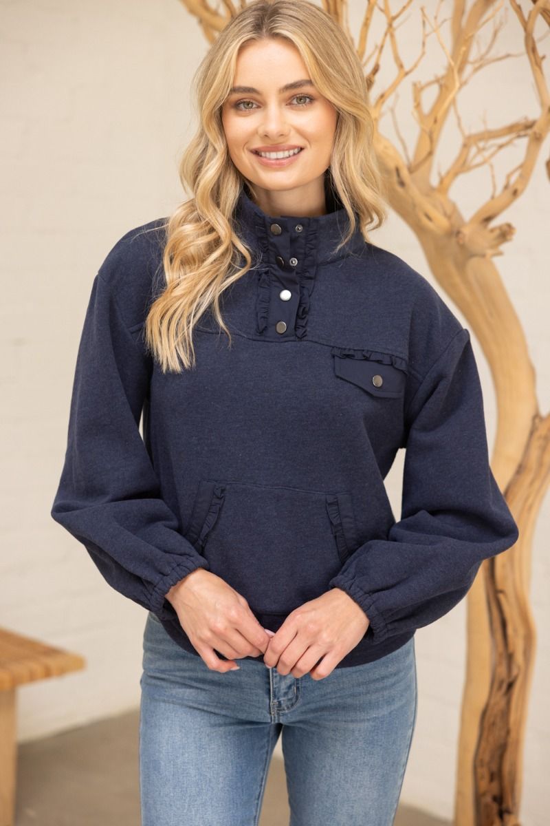RUFFLE TRIM QUARTER SNAP BUTTON SWEATSHIRT