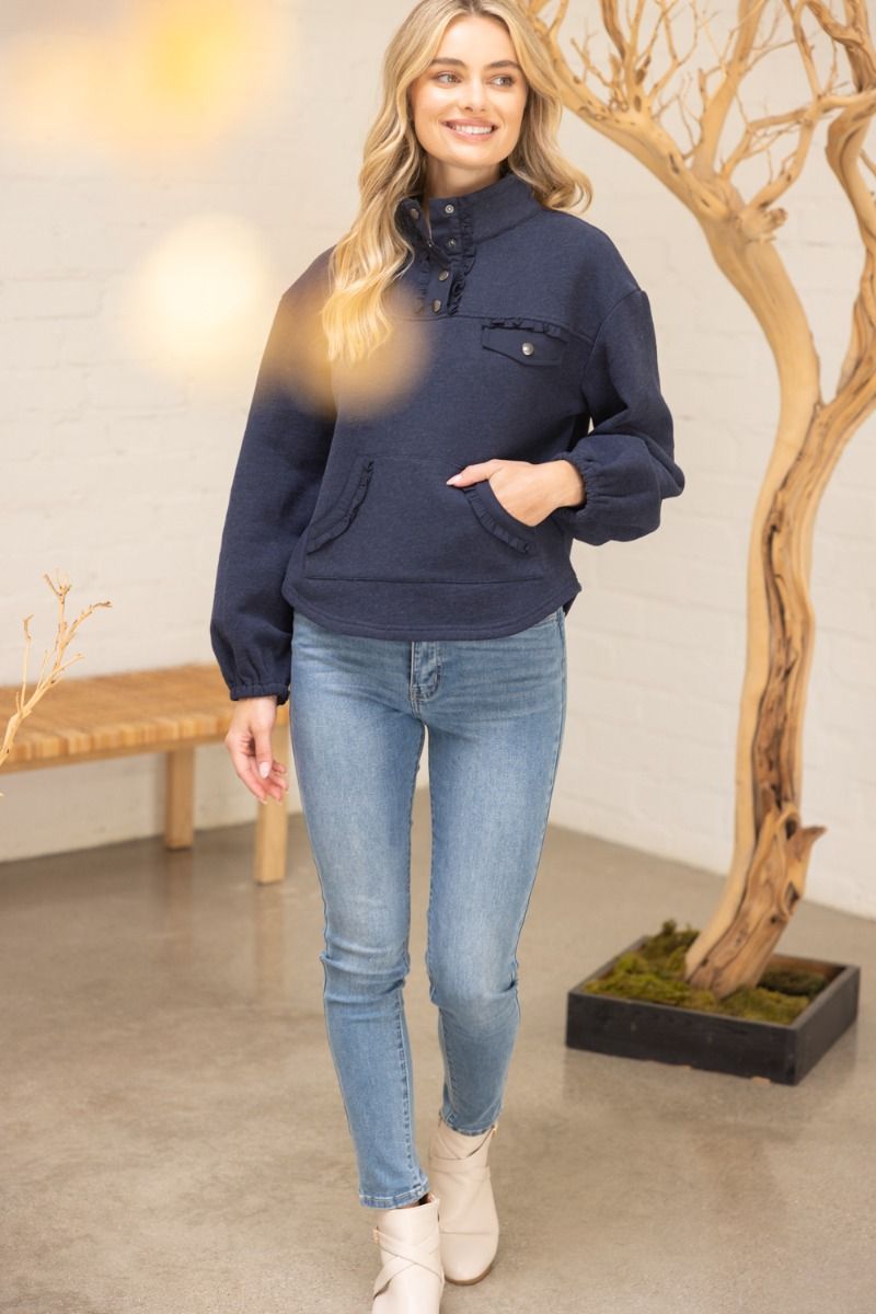 RUFFLE TRIM QUARTER SNAP BUTTON SWEATSHIRT