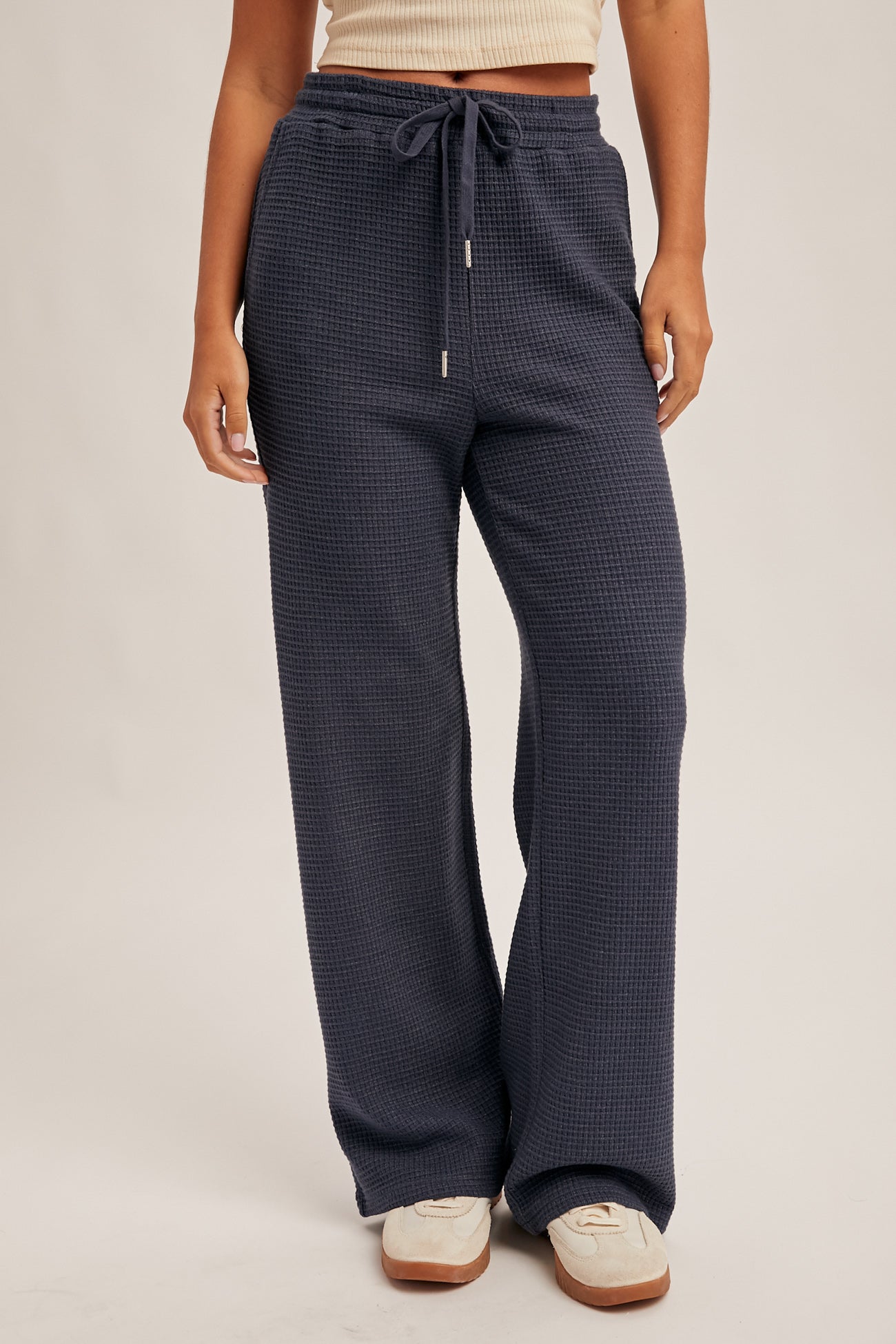 Waffle Knit Elastic Waist Wide Leg Pants