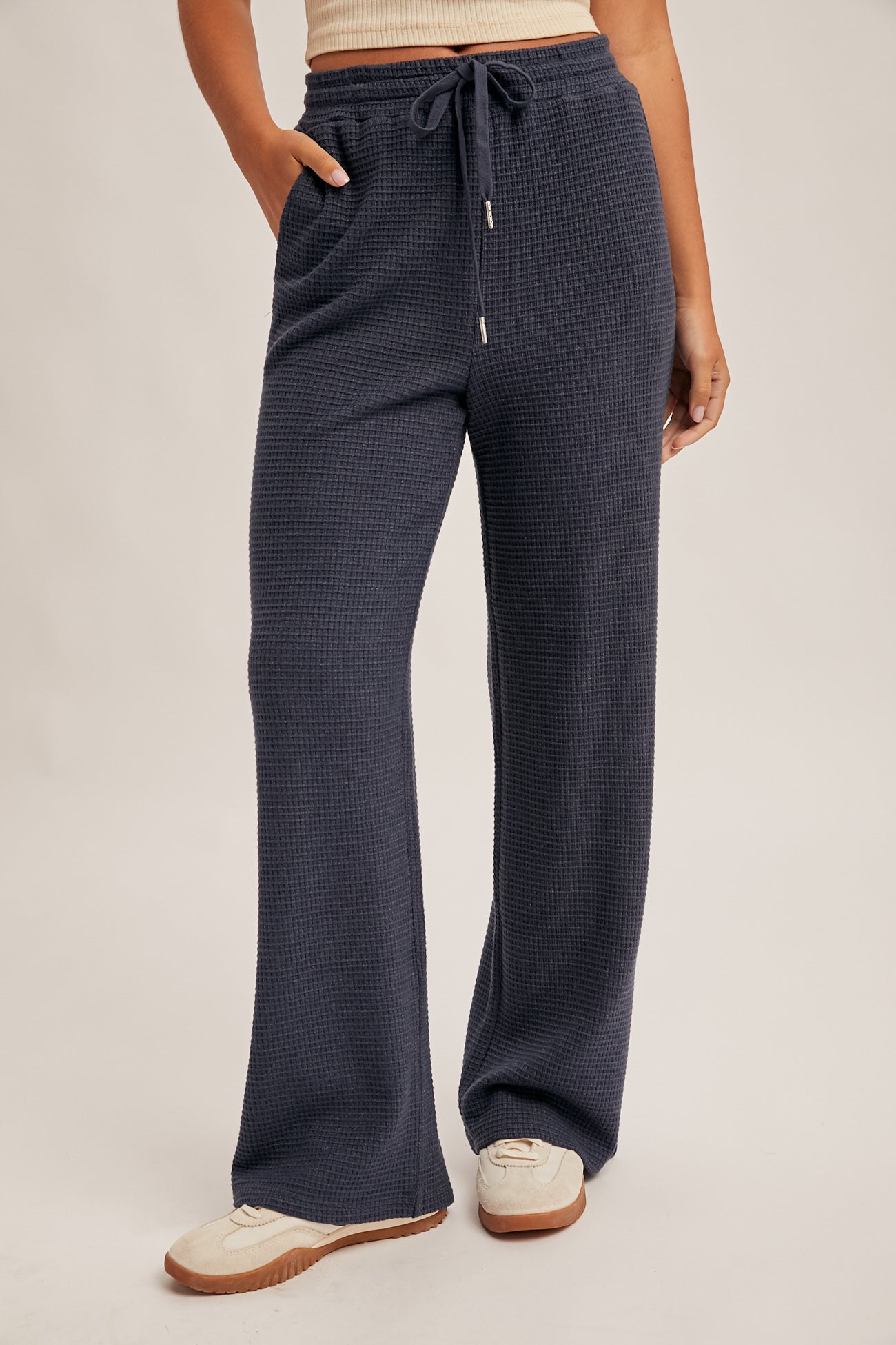Waffle Knit Elastic Waist Wide Leg Pants