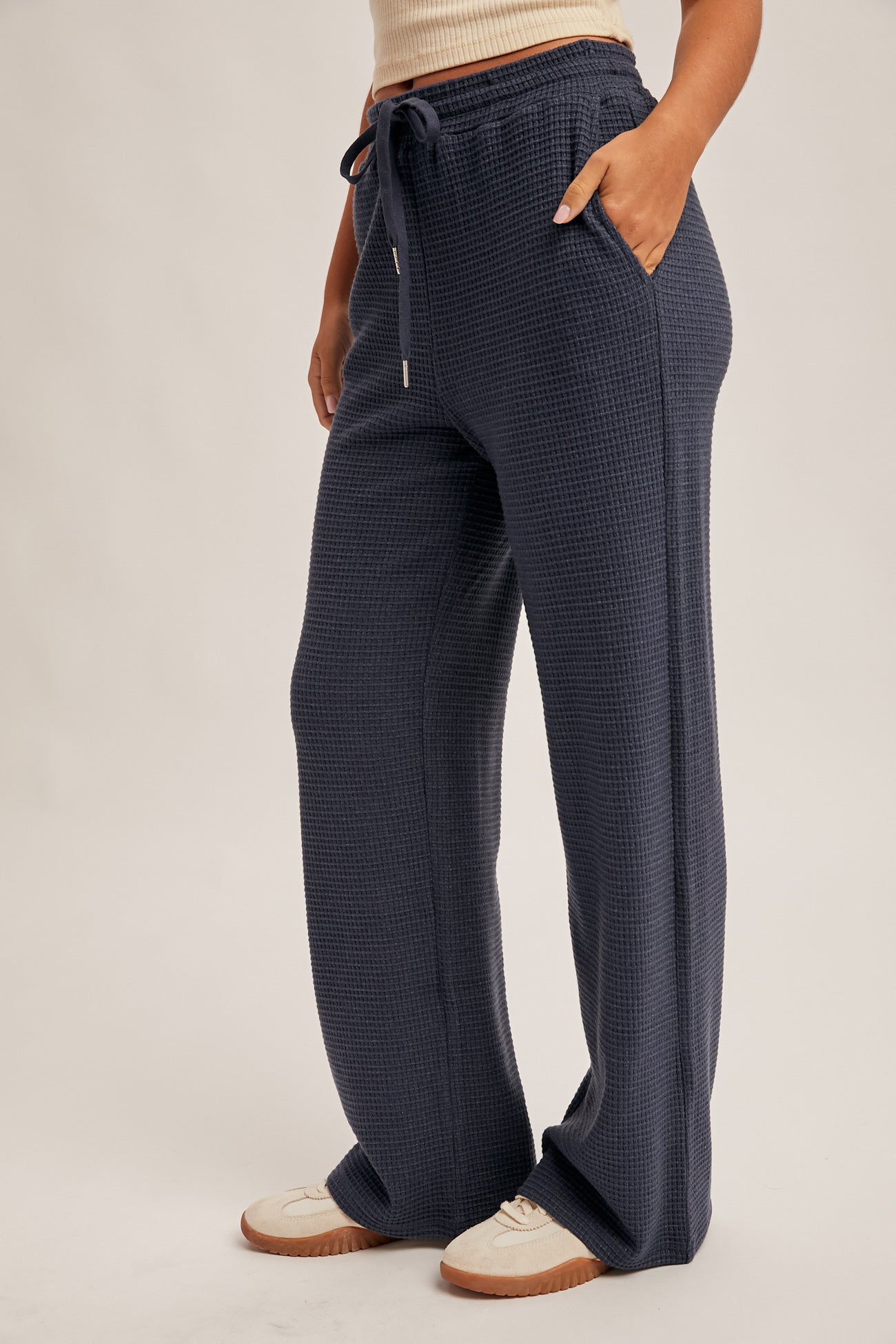Waffle Knit Elastic Waist Wide Leg Pants