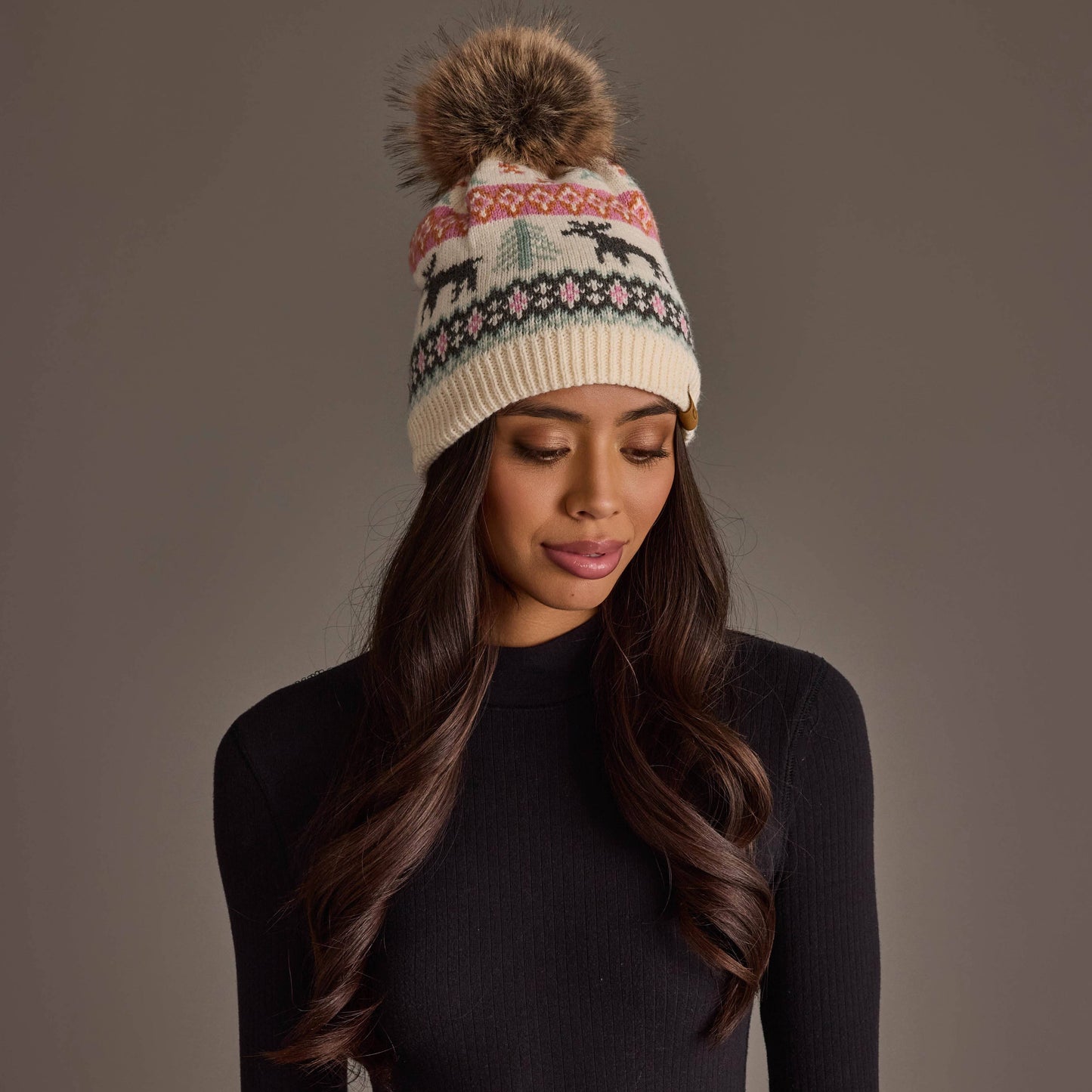 Ivory Deer Winter Pattern Pom Hat