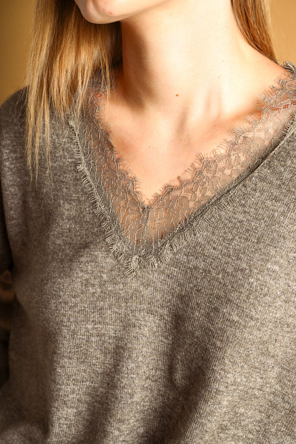 Long Sleeve Lace Contrast Top