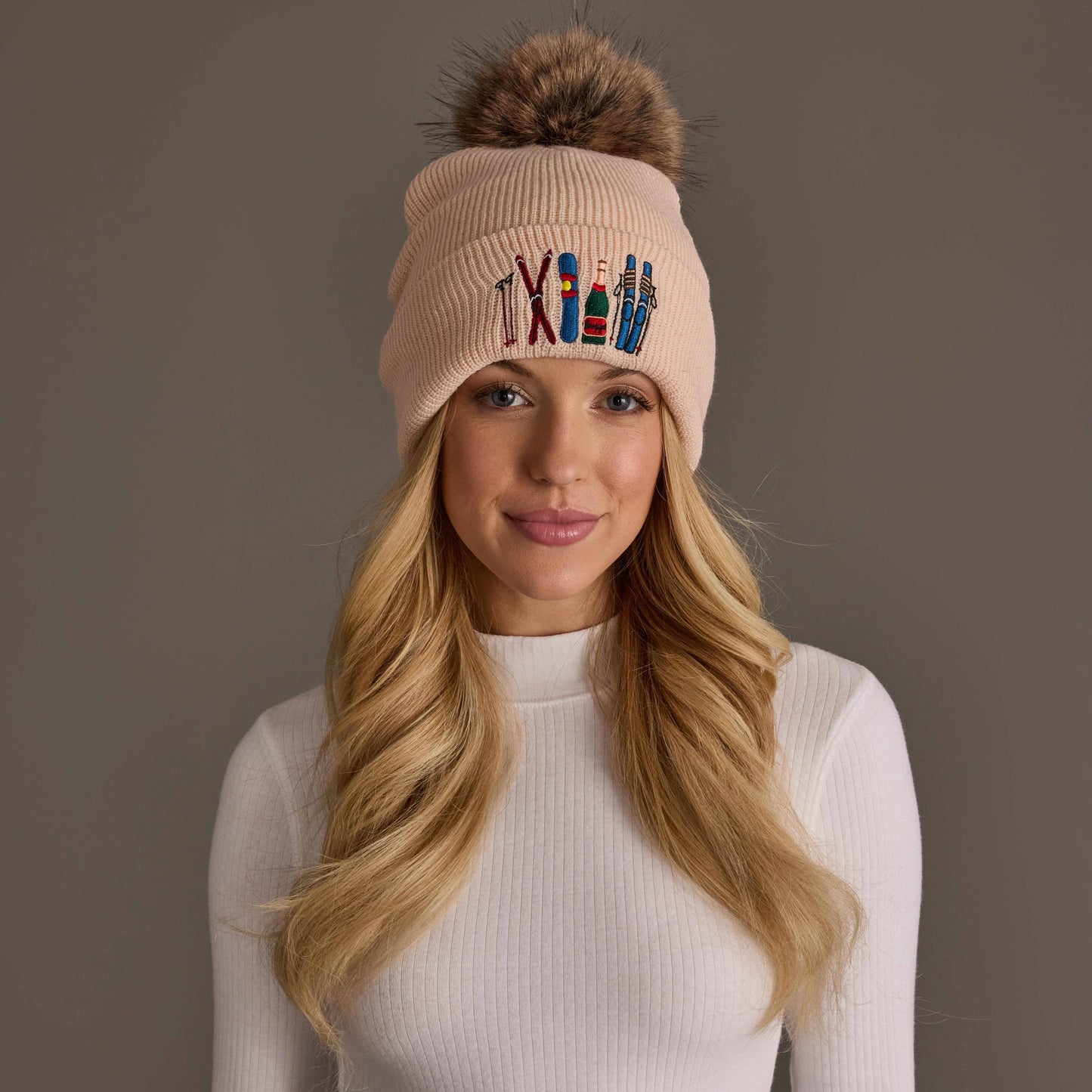 Blush Ski Embroidered Pom Hat