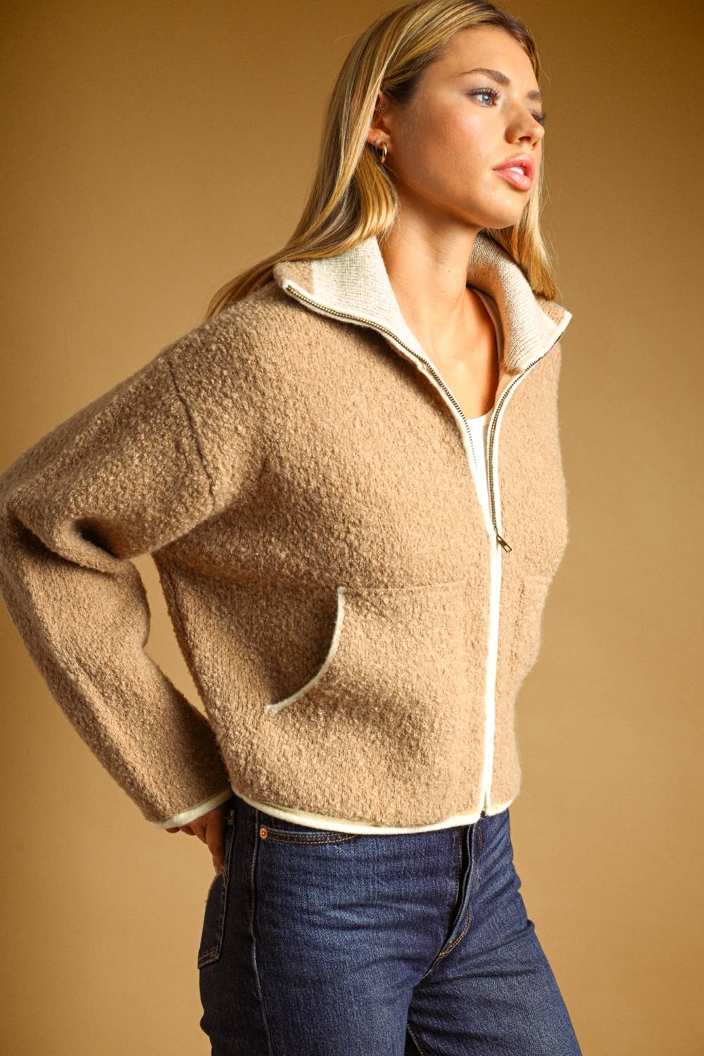 Curly Boucle Zip Front Jacket