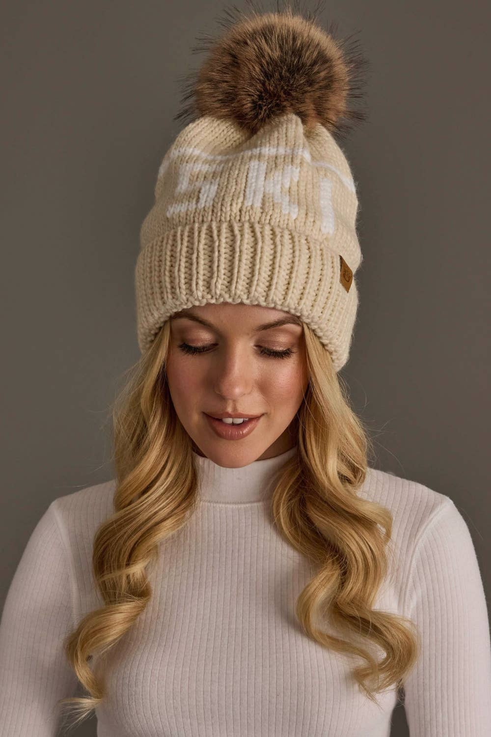 Lt. Tan & Ivory Ski Pom Hat