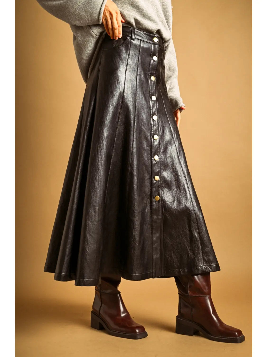Button Front Faux Leather Skirt