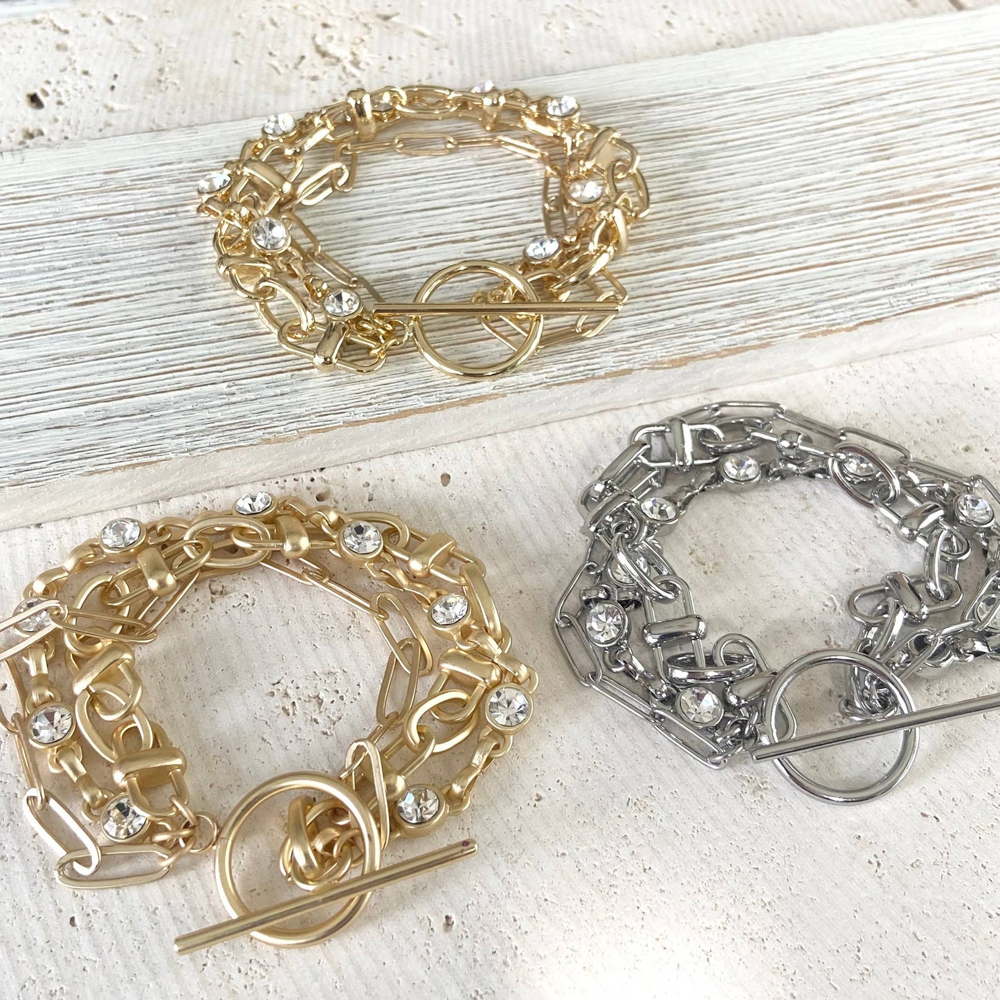 Triple Chain Crystal Bracelet - Matte Gold