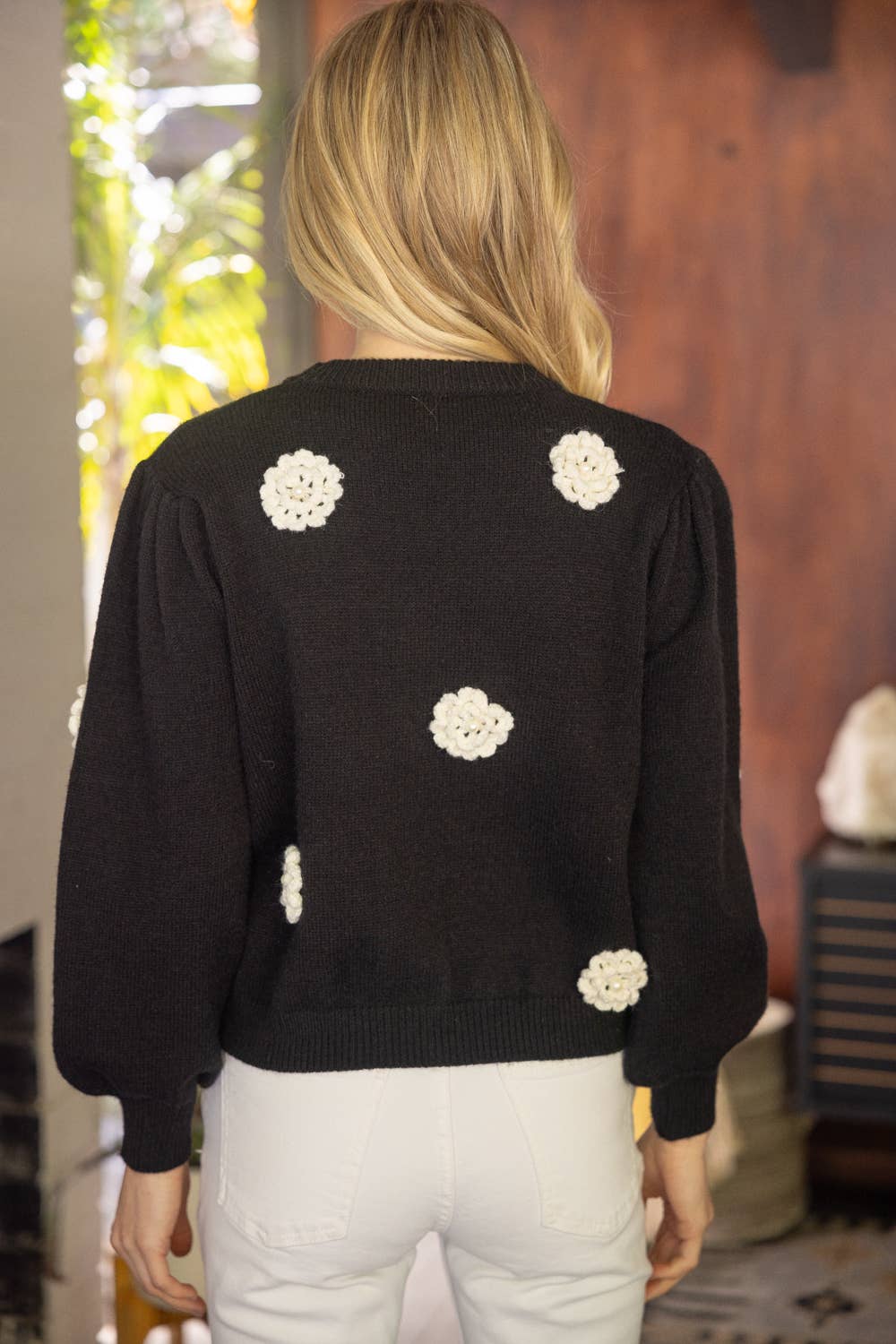 FLORAL EMBROIDERED PEARL DETAIL SWEATER