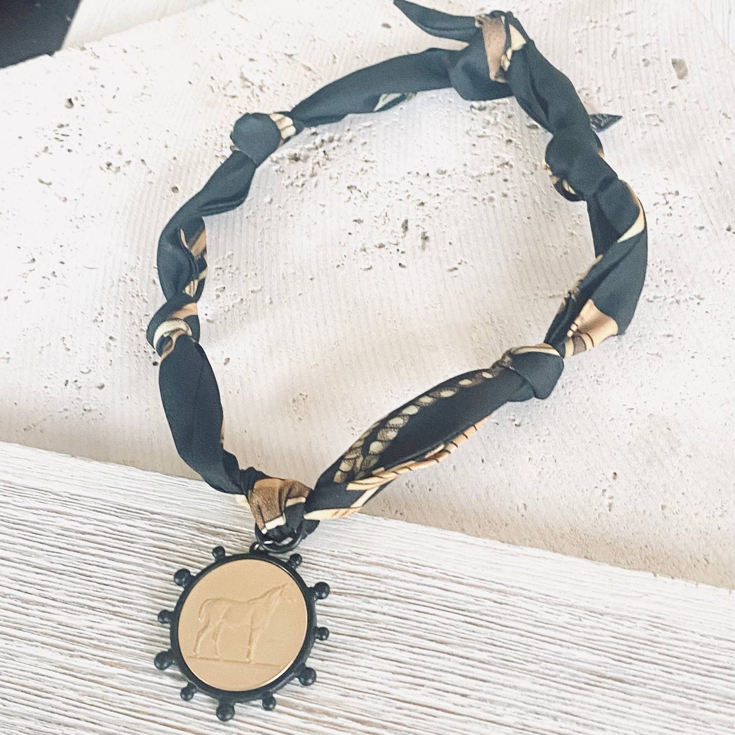 SCARF NECKLACE - BLACK BEZEL GOLD HORSE COIN