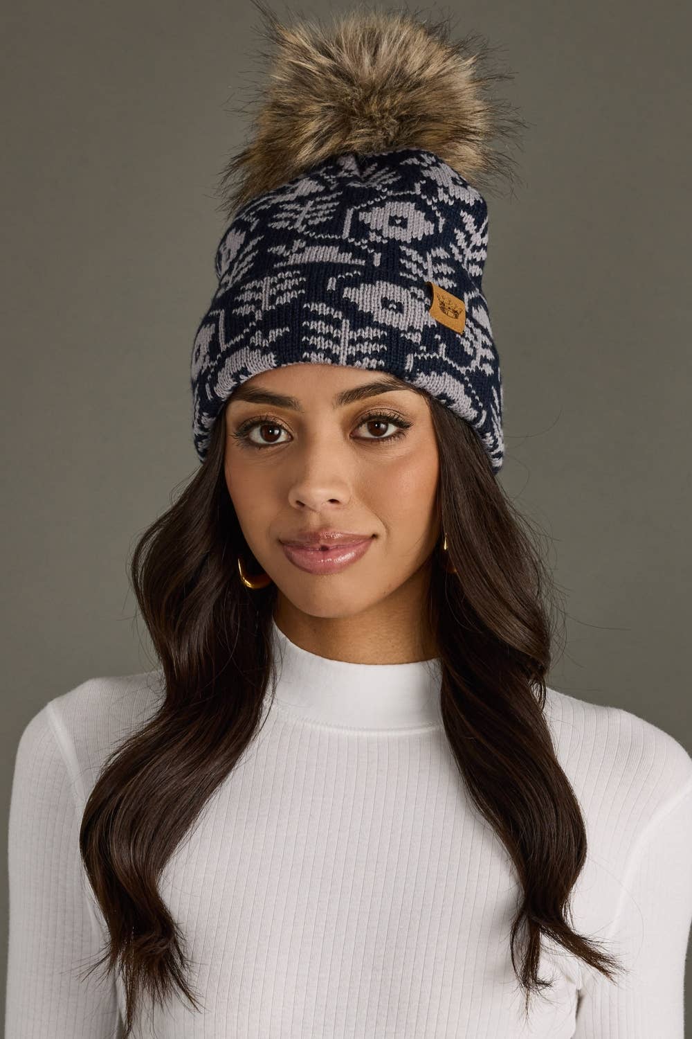 Navy & Gray Floral Pom Hat