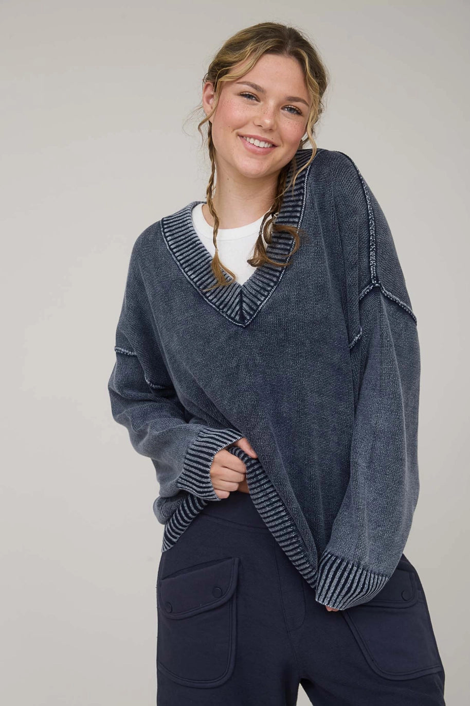 Washed V-Neck Oversized Sweater